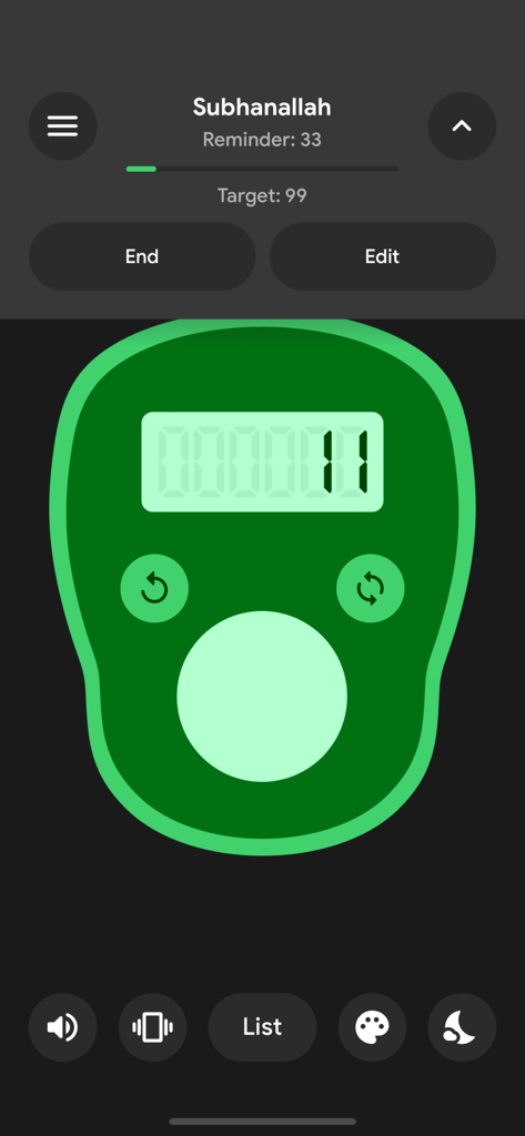 Main interface of Tasbih Counter Pro app showing a green digital dhikr counter with Subhanallah text and target settings