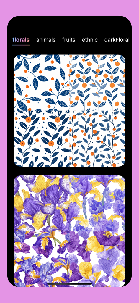 FloralTile -AI flower seamless - Patrones de baldosas florales perfectas generados por IA que presentan hojas azules e iris morados