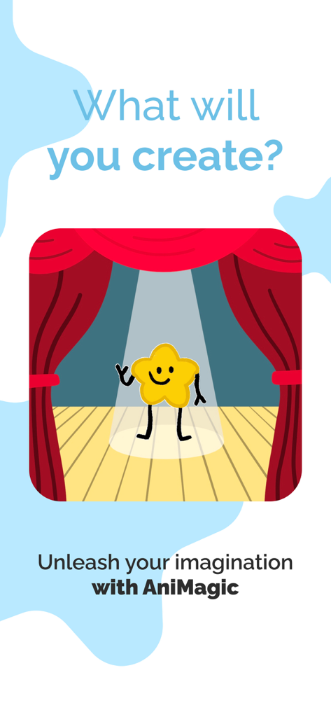 A cartoon star character on a theater stage under a spotlight
