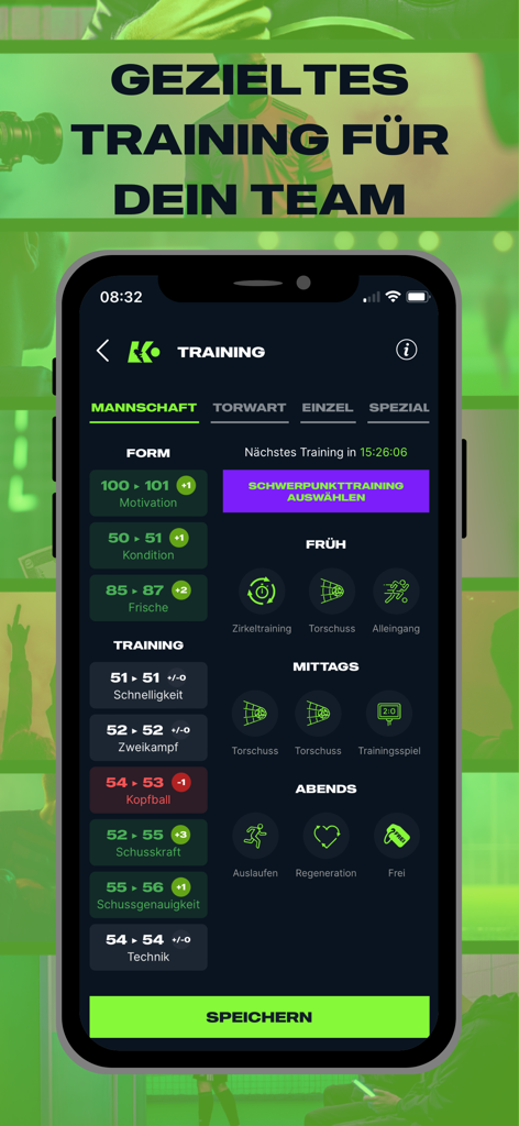 KINGS OF FOOTBALL - KoF - Una interfaz de aplicación móvil que muestra el panel de gestión de entrenamiento de KINGS OF FOOTBALL con varias estadísticas del equipo y un horario de entrenamiento.