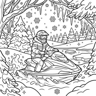 Experience the thrill of a jet ski ride in a magical winter setting, perfect for coloring enthusiasts. This unique design features a detailed jet ski amidst snow-covered trees and glistening ice.