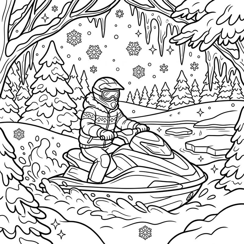 Experience the thrill of a jet ski ride in a magical winter setting, perfect for coloring enthusiasts. This unique design features a detailed jet ski amidst snow-covered trees and glistening ice.