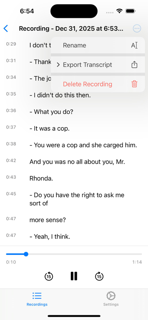 SecureVox - SecureVox app screenshot showing a voice-to-text transcript with a menu for exporting and renaming