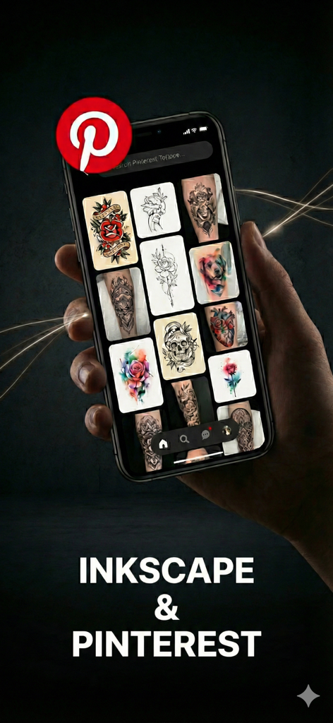 İnkscape & Pinterest Tattoo - A smartphone displaying a collection of tattoo design ideas from Pinterest.