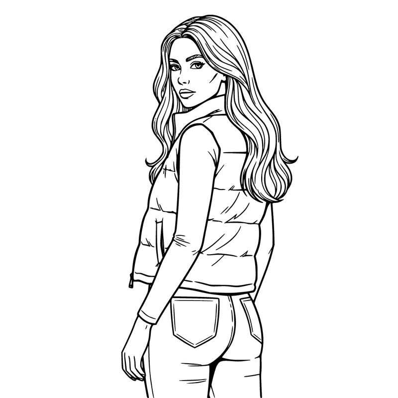 lady with long hair, wearing tight long sleeved shirt with puffy vest over it and jeans and a face