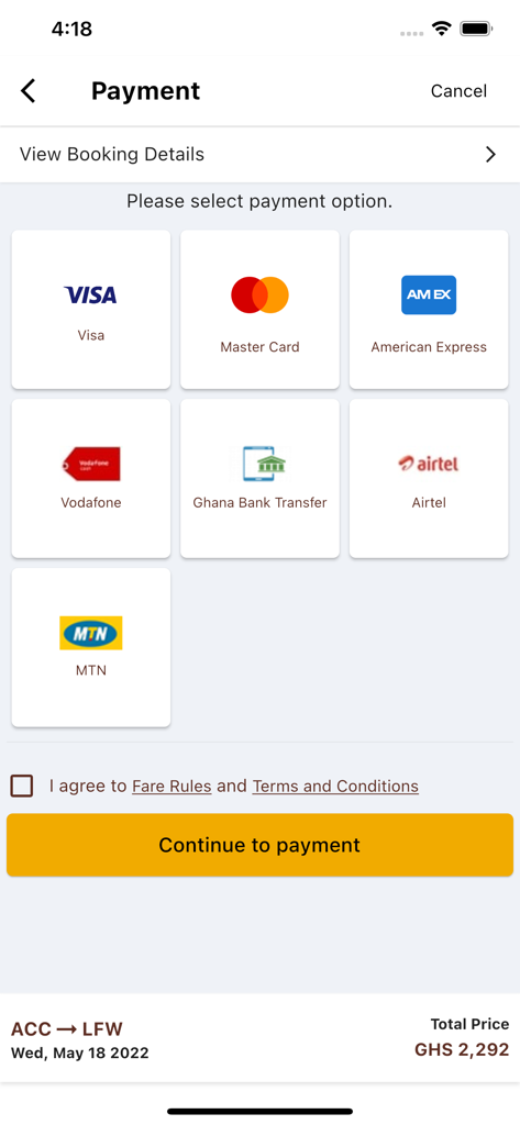 ASKY Airlines - Écran de sélection de paiement dans l'application mobile ASKY Airlines montrant les cartes de crédit et les options de paiement mobile africaines locales