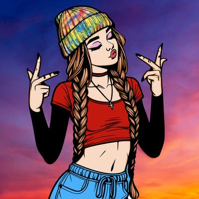 realistic teenage girl with braids and a beanie and crop top doing 🫶🏼