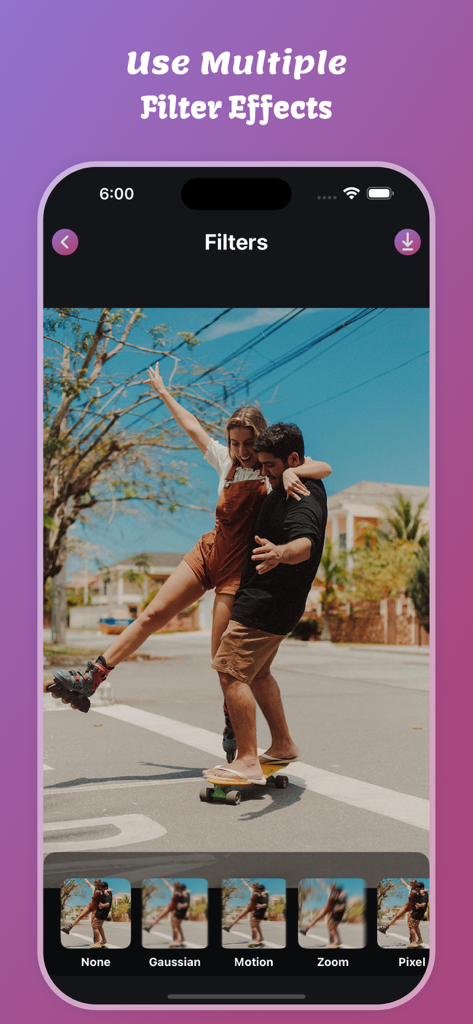 Motion Blur Effect - Interface of the Motion Blur Effect app showing various blur filter options for photos