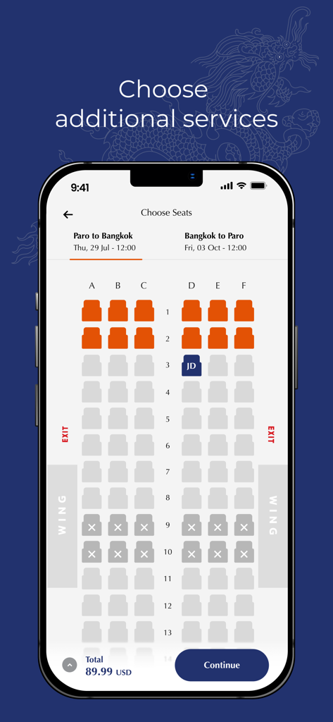 Drukair mobile app seat selection map for booking flights