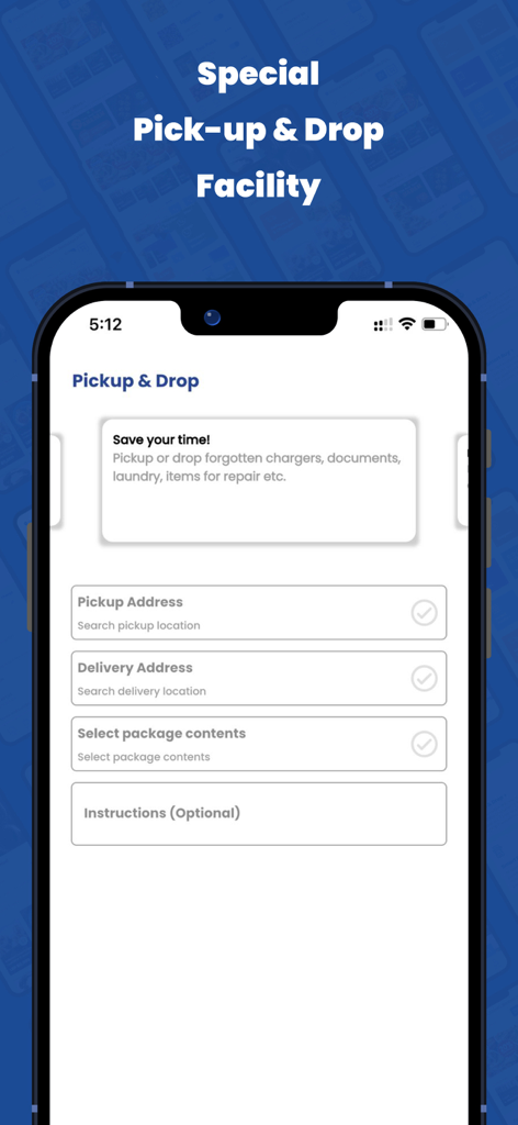 SendMe app interface showing the special pick-up and drop-off facility for personal items