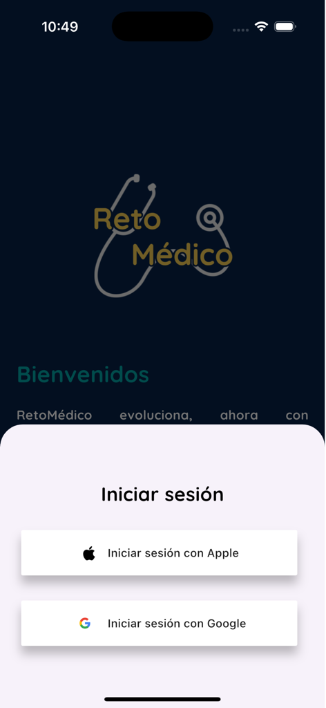 RetoMedico - Pantalla de inicio de sesión de la aplicación móvil RetoMedico con opciones de inicio de sesión de Apple y Google sobre un fondo oscuro con el logo de la aplicación
