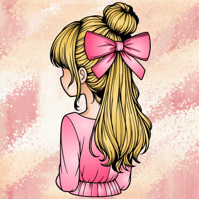 realistic girl  with hip length hair a bun and a big bow on the back of head