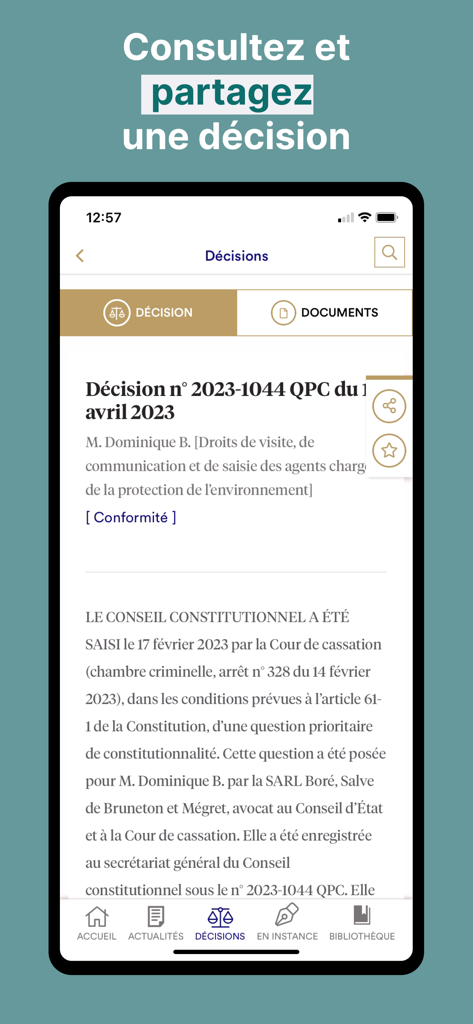 Conseil constitutionnel - CConstit app screen displaying a legal ruling from the French Constitutional Council.