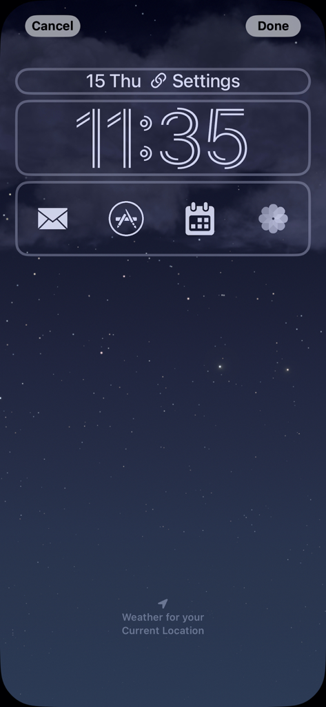 Shortcuts (Quick Open) - メール、App Store、カレンダー、写真のクイックオープンショートカットを含むウィジェットを示すiPhoneロック画面のカスタマイズ。