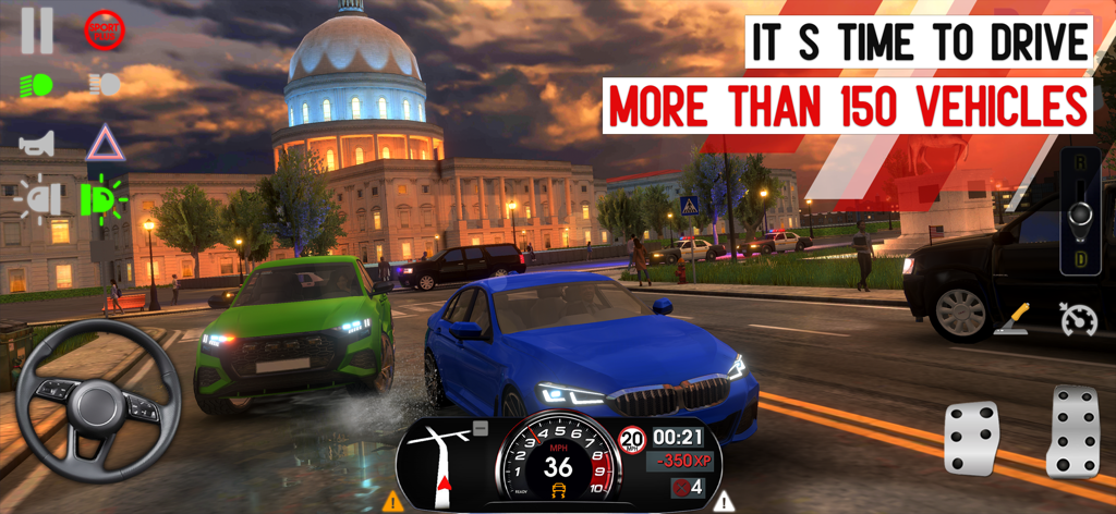 Jugabilidad de Driving School Simulator mostrando un coche azul en una calle de la ciudad de Washington DC al anochecer