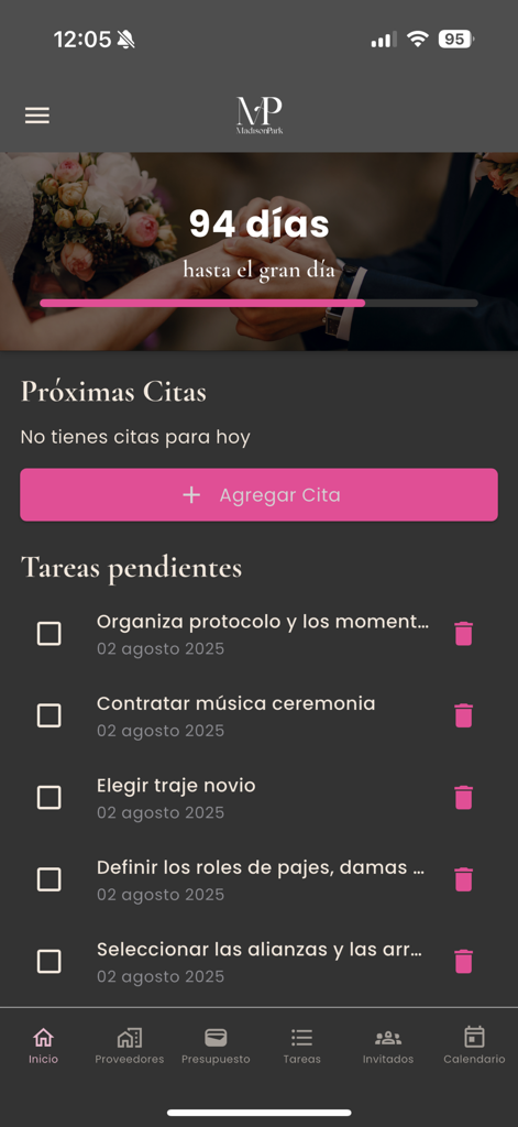 Madison Park - Interface do aplicativo de planejamento de casamento Madison Park com contagem regressiva para o dia do casamento e uma lista de tarefas pendentes.