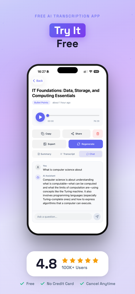 Interface of the SpeakNotes app showing an AI assistant answering questions about transcribed notes.