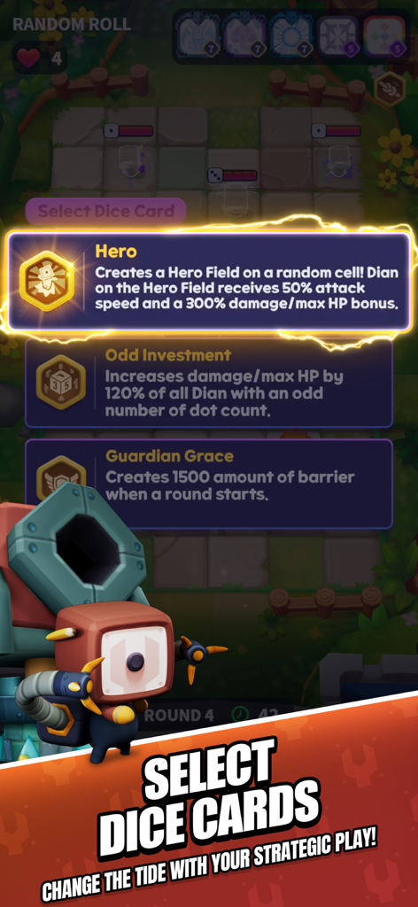 Schermata di selezione strategica delle carte dado in Random Dice RollRoll che mostra i bonus delle carte Eroe.