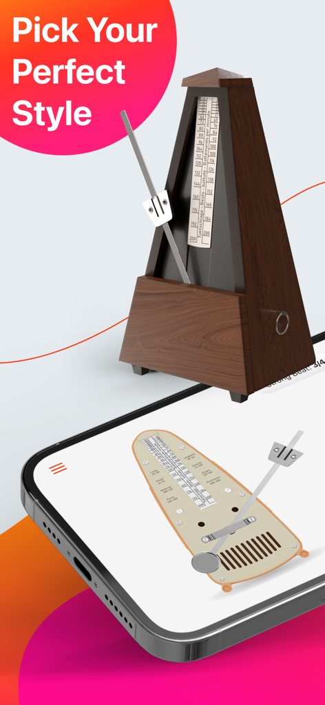 Metronome Beats: Pulse & Tempo - Vintage Holzmetronom neben einem Smartphone, das eine anpassbare Metronom-App-Oberfläche zeigt.