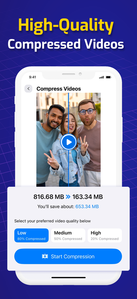 Interfaz de la aplicación de iPhone que muestra la configuración de compresión de video para ahorrar espacio de almacenamiento