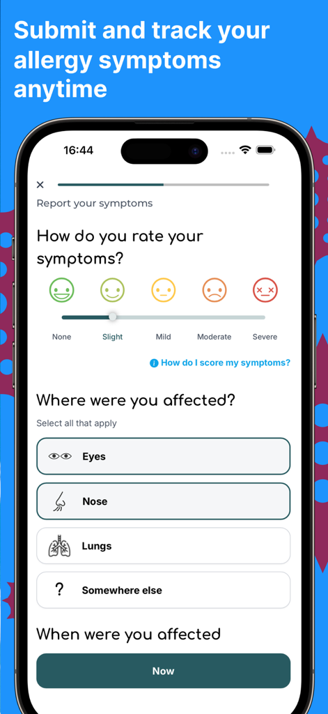 Canberra Pollen Count - Canberra Pollen Count app symptom reporting screen showing severity rating and affected areas.