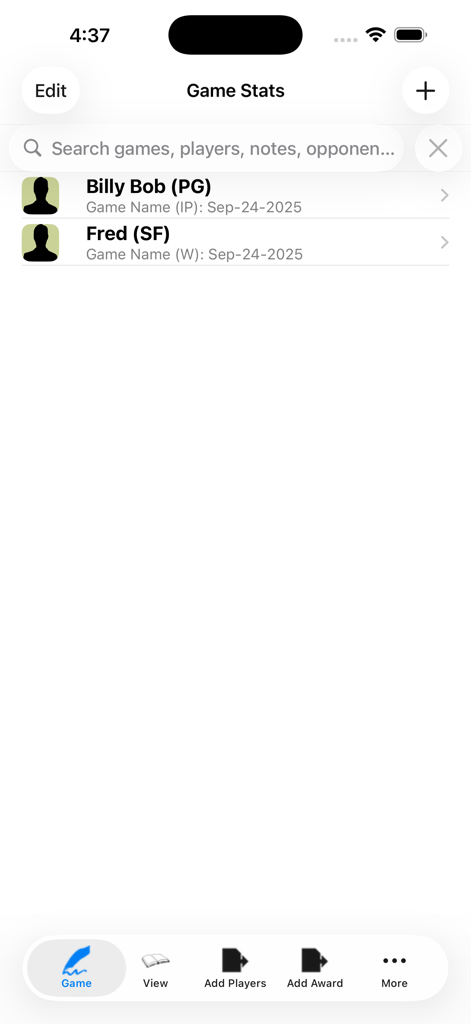 Basketball Player Stat Tracker - List of tracked basketball games and players in the stat tracker app