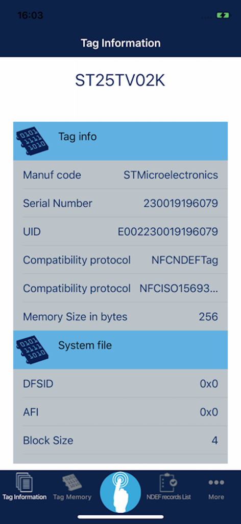 NFC Tap - NFC Tap app interface displaying technical specifications and system file details for an STMicroelectronics ST25 series tag
