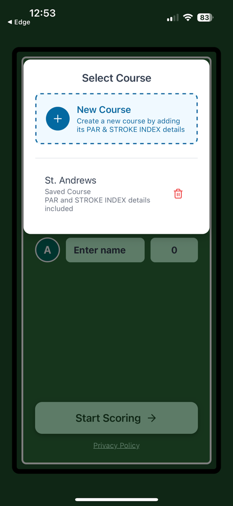 Shots2Points app interface for selecting or creating a golf course