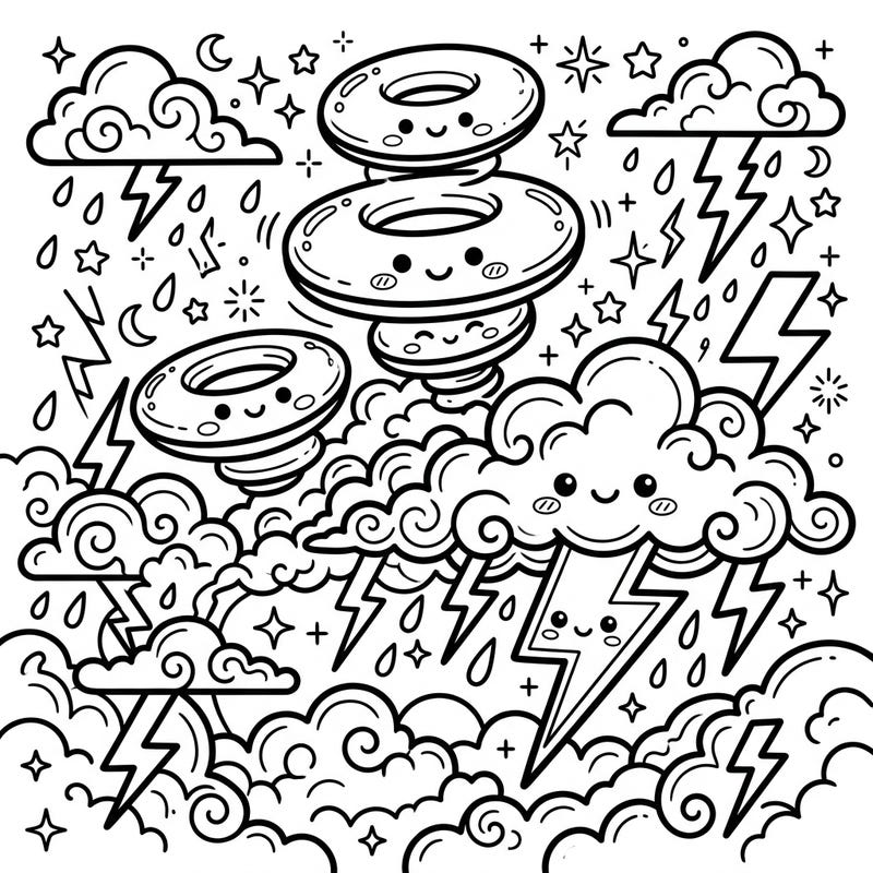 Dive into an electrifying world of cuteness with this Kawaii Lightning Elves coloring page. Featuring adorable storm sprites, smiling clouds, and playful lightning bolts, it's a delightful scene waiting for your creative touch.