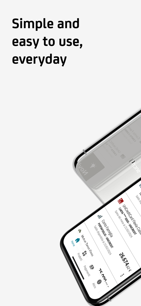 UniCredit mobile banking app interface showing account balances and card management on a smartphone