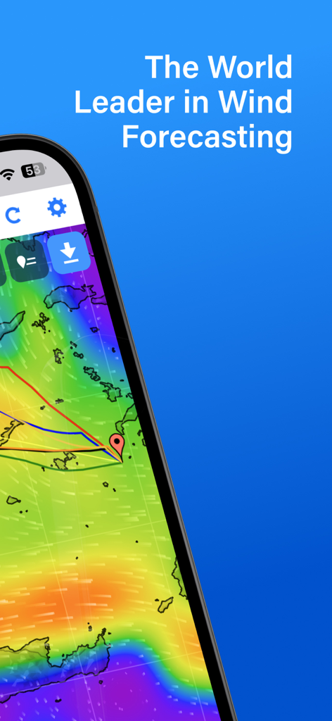 PredictWind — Marine Forecasts - PredictWind app interface displaying a high resolution marine wind forecast map with weather routing