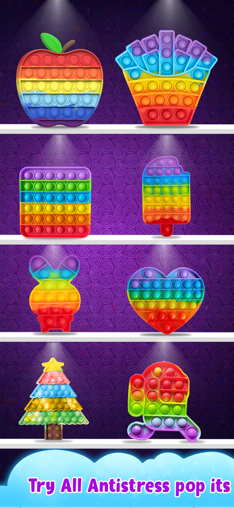 Fidget Toys 3D - Pop It Game - A variety of colorful rainbow 3D pop it fidget toys in different shapes like apple heart and ice cream on display shelves.
