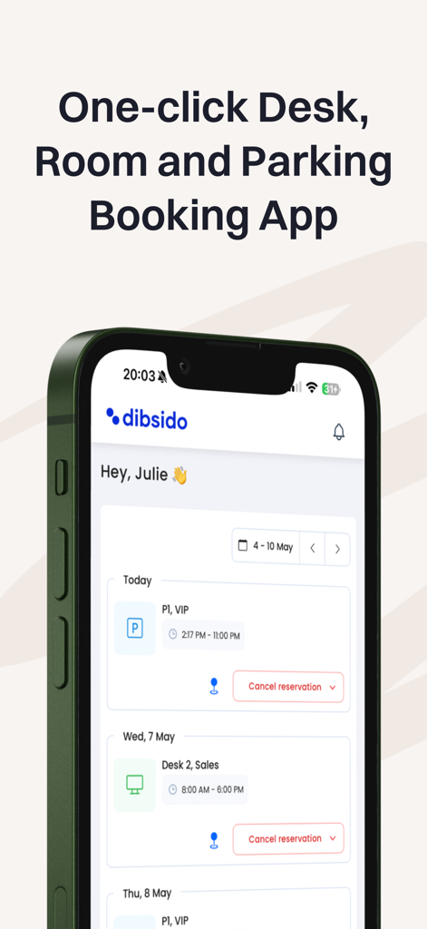 Dibsido - Dibsido mobile app interface showing office desk and parking spot reservations