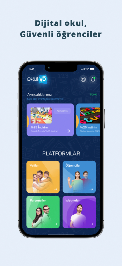 Okulyo - Okulyo mobile app dashboard displaying portals for parents students and staff