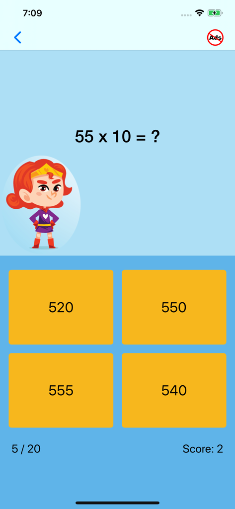 Third Grade Math Quiz app screen showing a multiplication problem with four multiple choice answers and a cartoon character.