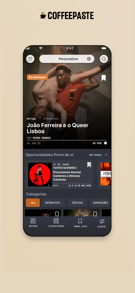 Home screen of the Coffeepaste app displaying performing arts articles and local casting opportunities in Portugal