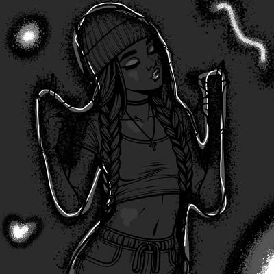 realistic teenage girl with braids and a beanie and crop top doing 🫶🏼
