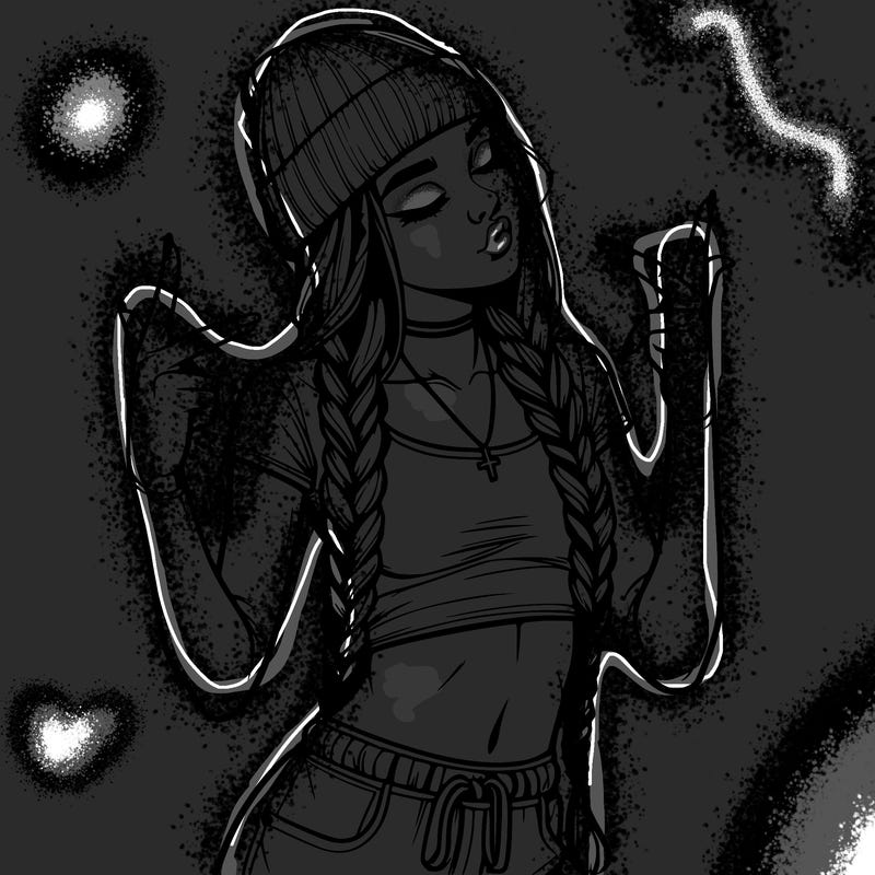 realistic teenage girl with braids and a beanie and crop top doing 🫶🏼