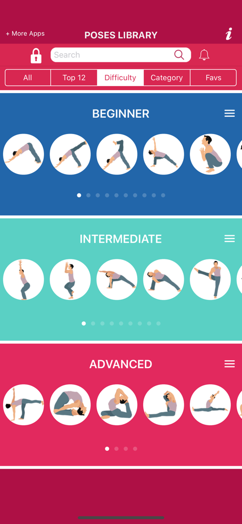 ヨガアプリのインターフェースに、初心者、中級、上級のスキルレベルでカテゴリ分けされたポーズのライブラリが表示されています
