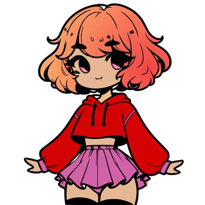 cute femboy with short, fluffy hair that softly frames their face, wearing a cropped hoodie, paired with a flouncy short skirt, and thigh-high stockings