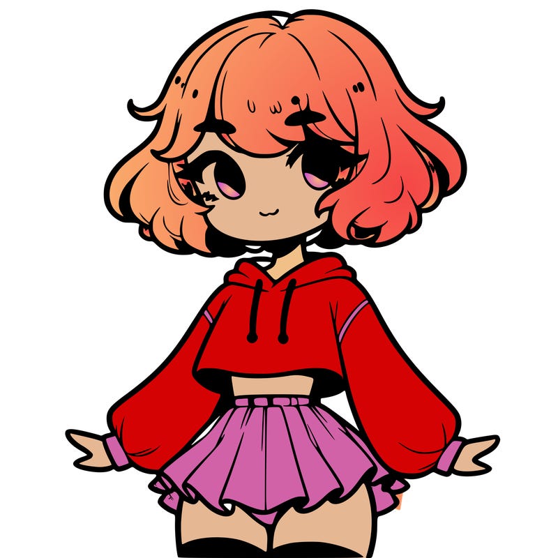 cute femboy with short, fluffy hair that softly frames their face, wearing a cropped hoodie, paired with a flouncy short skirt, and thigh-high stockings