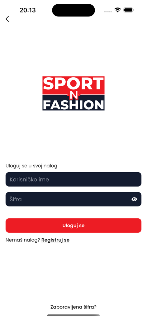 Sport N Fashion - Sport N Fashion mobile app login interface showing username and password fields.