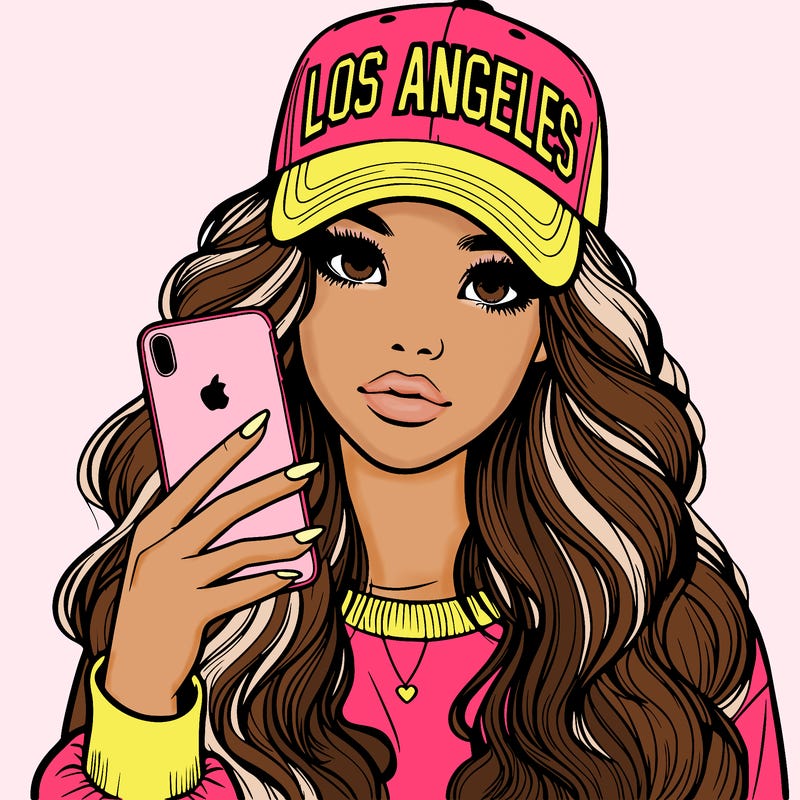 realistic beautiful girl wearing los ángeles cap holding an iphone