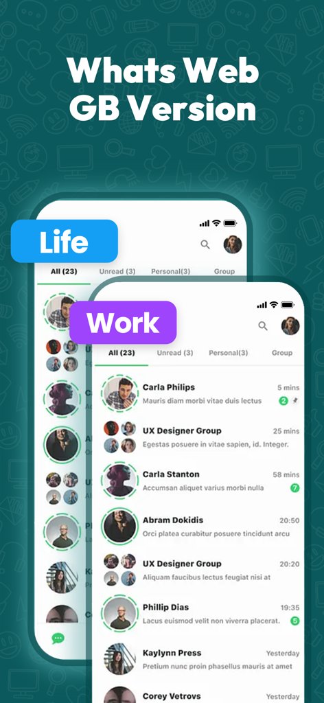 WA Dual Messenger for WhatsApp - Interfaz de WA Dual Messenger mostrando cuentas separadas para el trabajo y la vida personal
