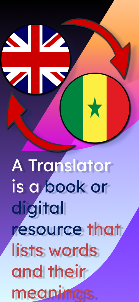 English Wolof Translator - Pantalla de introducción del Traductor de Inglés a Wolof que muestra las banderas del Reino Unido y Senegal con flechas de traducción bidireccional