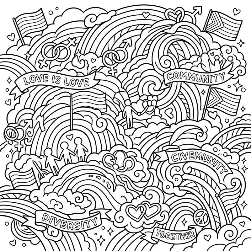 Dive into a unique celebration of Pride Month with this intricate coloring page featuring nimbostratus clouds swirling with symbols of love and diversity. Perfect for expressing unity and creativity, this design invites you to fill its detailed lines with the vibrant colors of the rainbow.