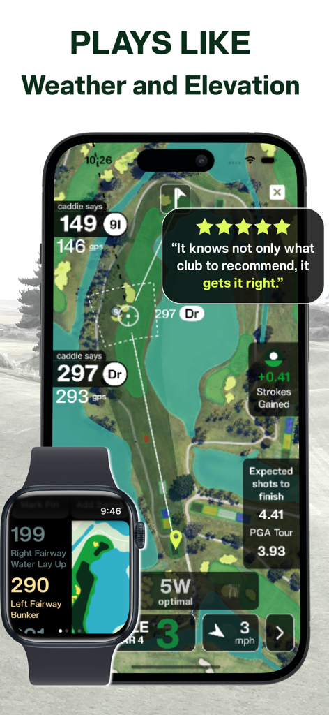 Tangent Golf: GPS Smart Caddie - Tangent Golf app on iPhone and Apple Watch showing smart caddie GPS distances