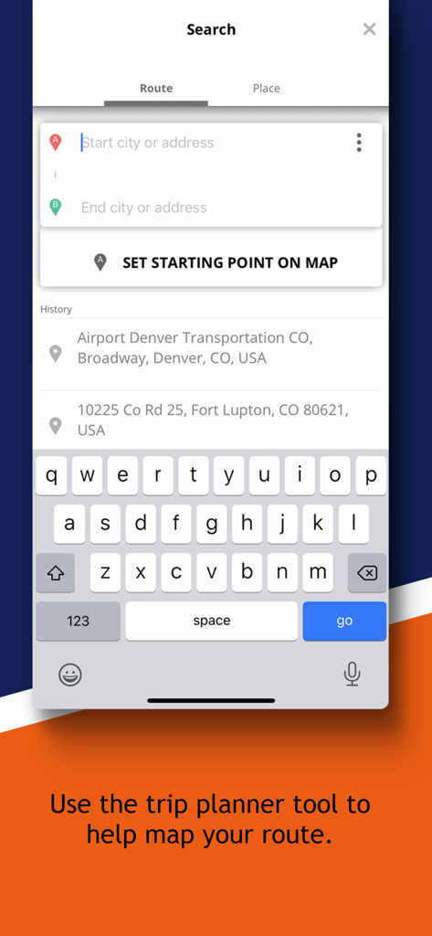 Interface of the COtrip Planner app showing start and end address fields for route planning.