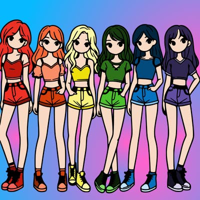a group of girls wearing crop tops and shorts