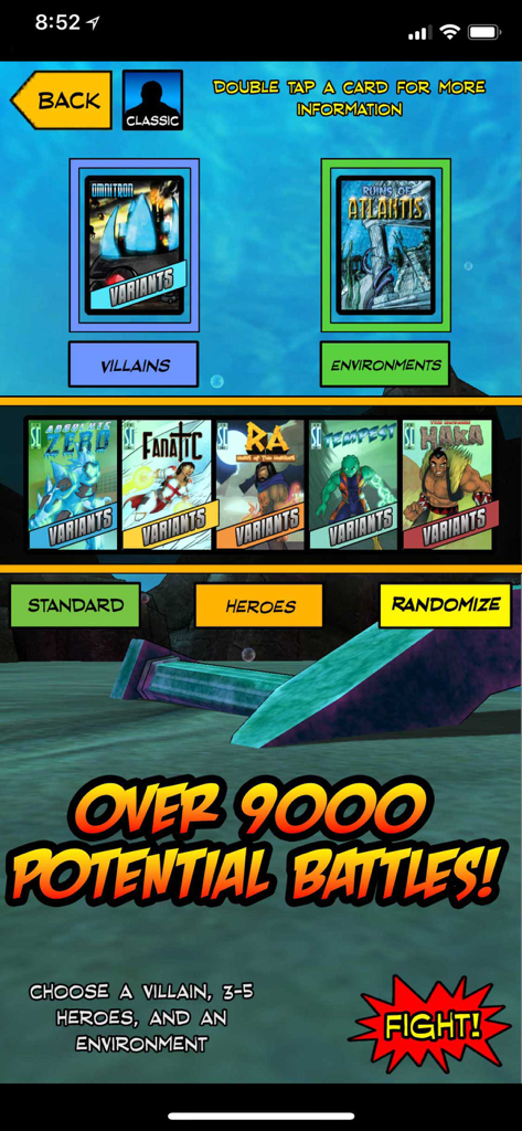 Tela de configuração de jogo de Sentinels of the Multiverse para escolher heróis, vilões e ambientes